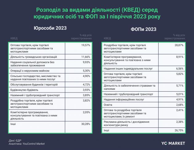 Розподіл за видами діяльності (КВЕД) серед юридичних осіб та ФОП за I півріччя 2023 року_YouControl Market