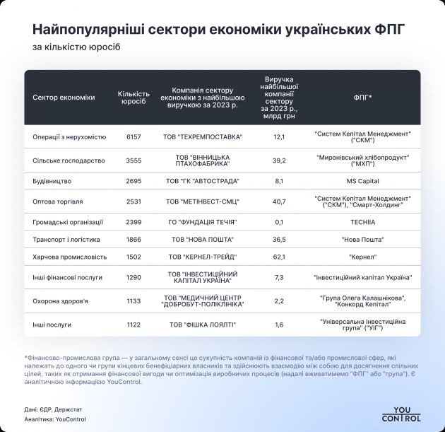 The most popular sectors of the economy of Ukrainian FIGs_YouControl