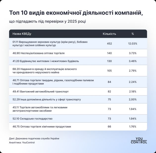 Top 10 areas of economic activity subject to tax audits in 2025_YouControl